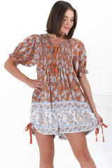 JAASE - Roses Playsuit: Tie at Bust Playsuit in Terracotta Fleetwood Print