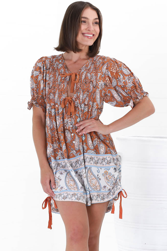 JAASE - Roses Playsuit: Tie at Bust Playsuit in Terracotta Fleetwood Print