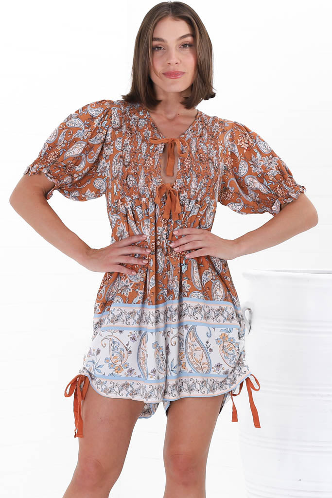 JAASE - Roses Playsuit: Tie at Bust Playsuit in Terracotta Fleetwood Print