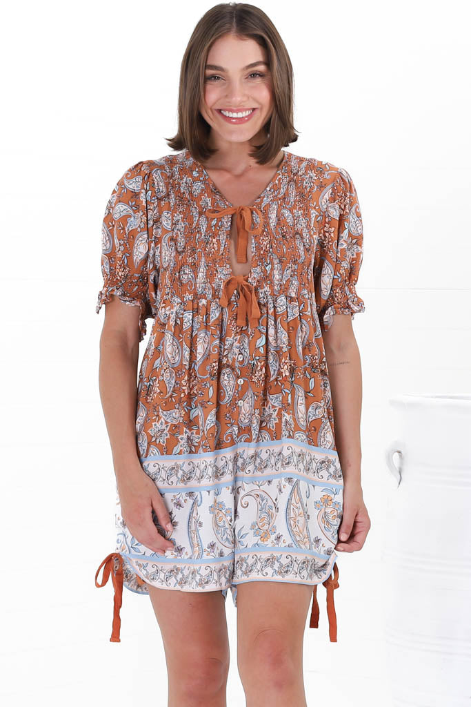 JAASE - Roses Playsuit: Tie at Bust Playsuit in Terracotta Fleetwood Print