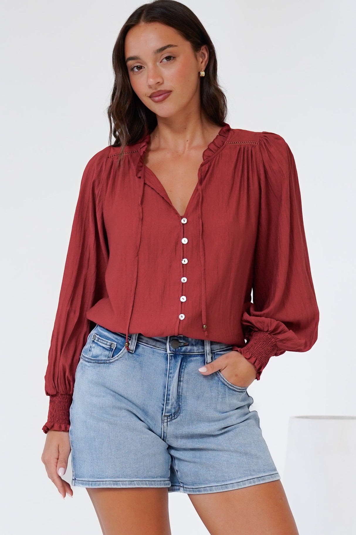 Rosewood Blouse - V-Neck Buttoned Down with Long Balloon Sleeves in Rust