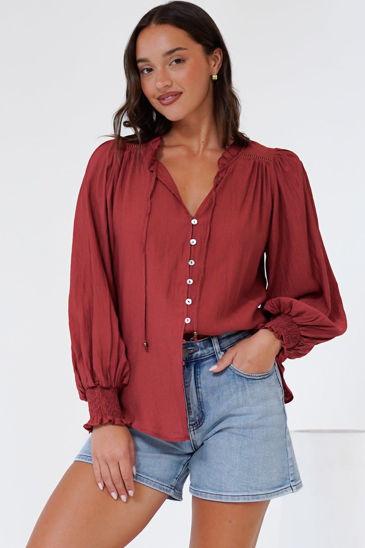 Rosewood Blouse - V-Neck Buttoned Down with Long Balloon Sleeves in Rust