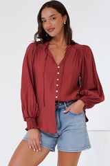 Rosewood Blouse - V-Neck Buttoned Down with Long Balloon Sleeves in Rust
