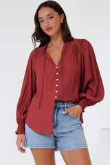 Rosewood Blouse - V-Neck Buttoned Down with Long Balloon Sleeves in Rust