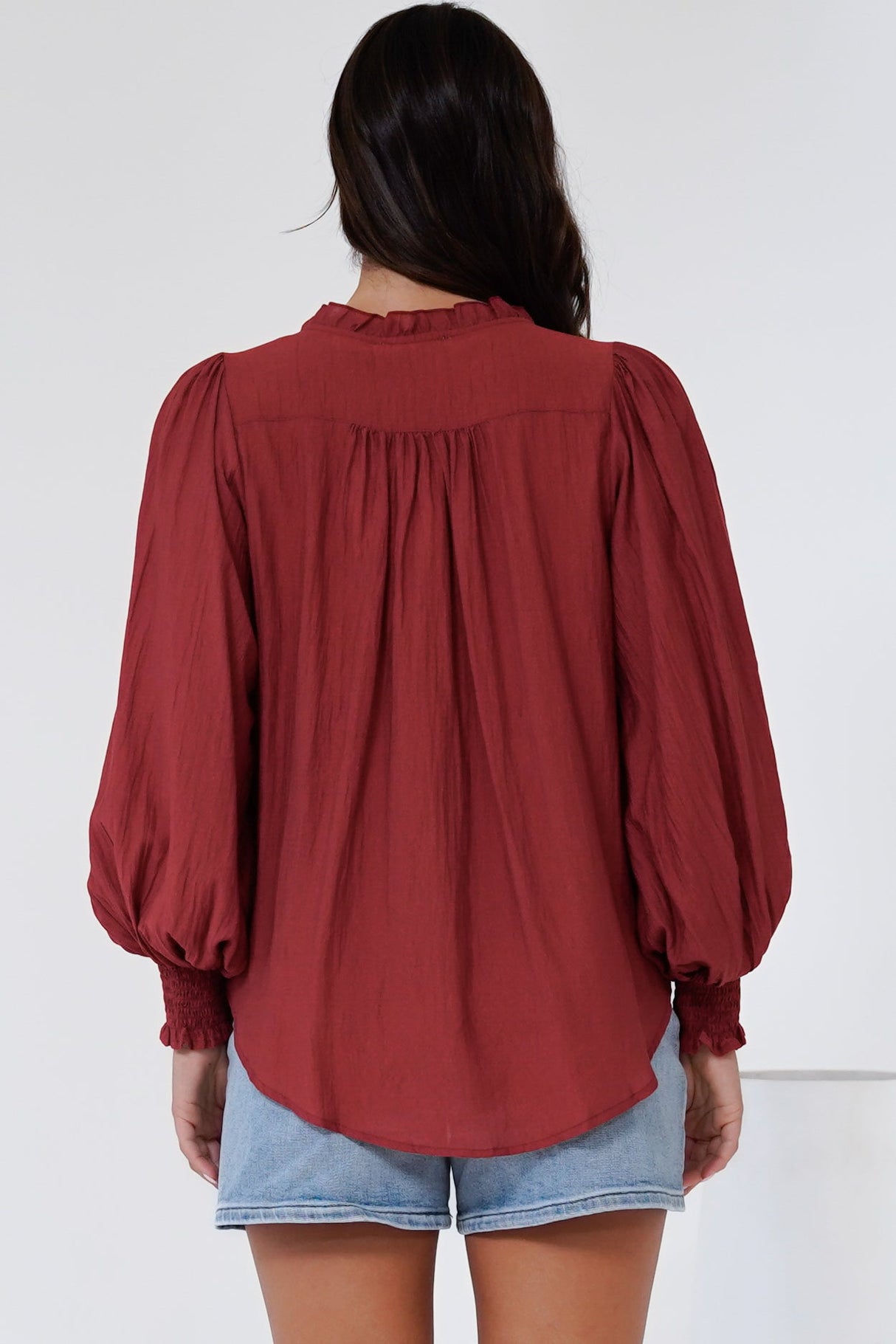 Rosewood Blouse - V-Neck Buttoned Down with Long Balloon Sleeves in Rust