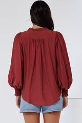Rosewood Blouse - V-Neck Buttoned Down with Long Balloon Sleeves in Rust