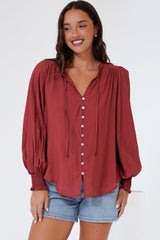 Rosewood Blouse - V-Neck Buttoned Down with Long Balloon Sleeves in Rust