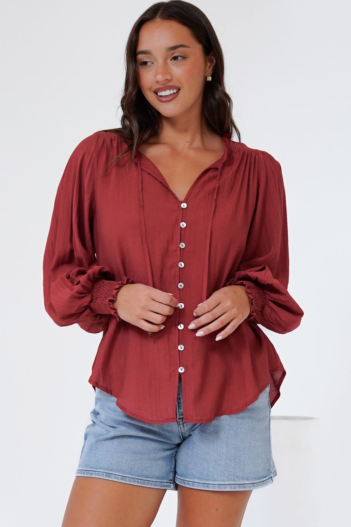Rosewood Blouse - V-Neck Buttoned Down with Long Balloon Sleeves in Rust