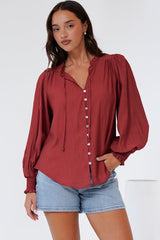 Rosewood Blouse - V-Neck Buttoned Down with Long Balloon Sleeves in Rust