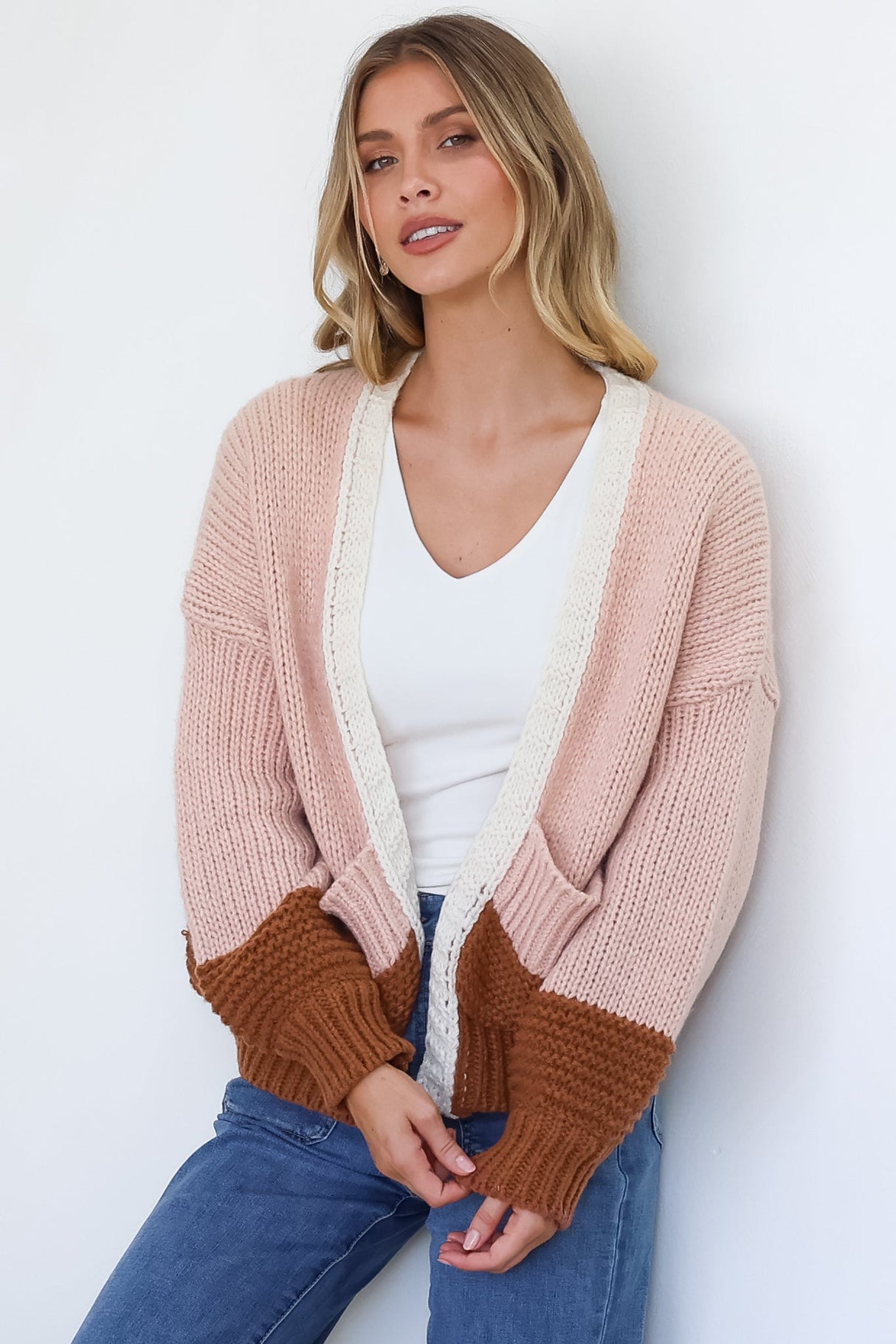 Rosie Cardigan - Cropped Colour Block Cardigan in Coco Blush