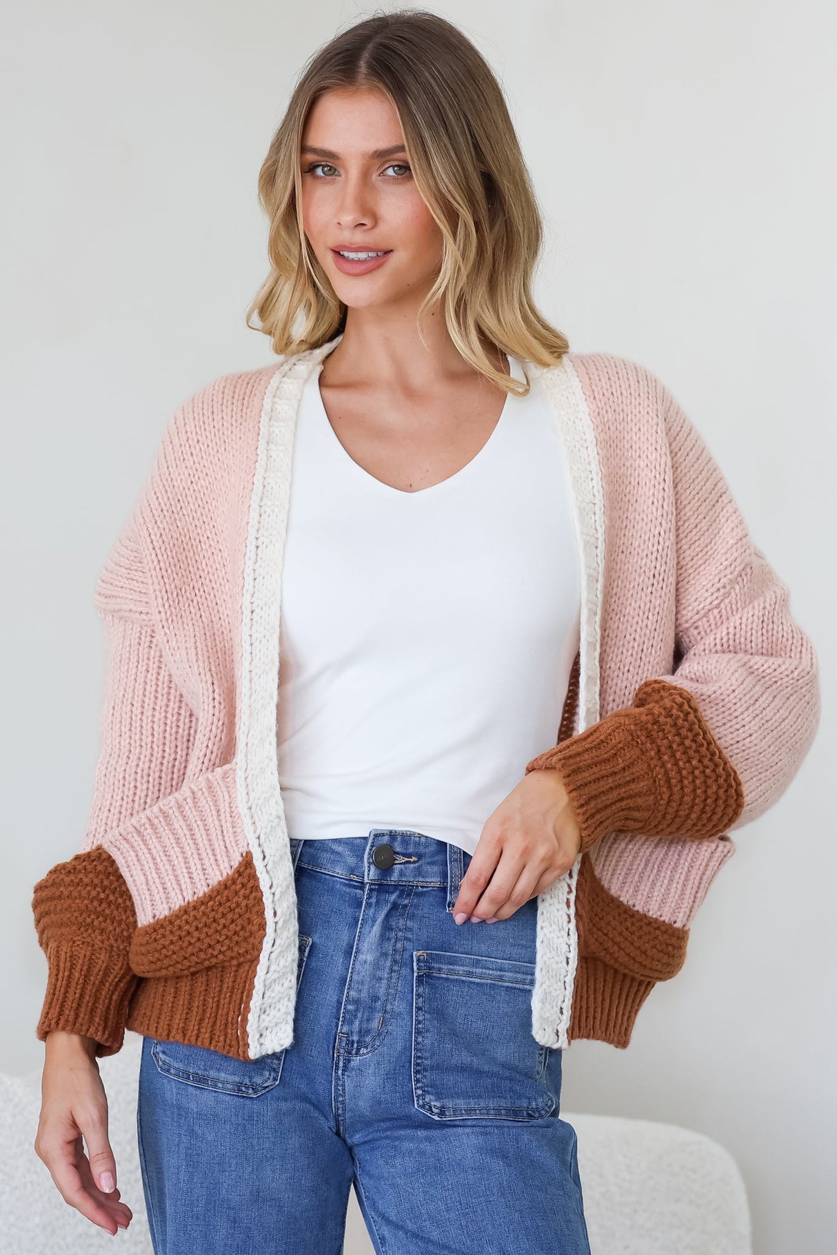 Rosie Cardigan - Cropped Colour Block Cardigan in Coco Blush