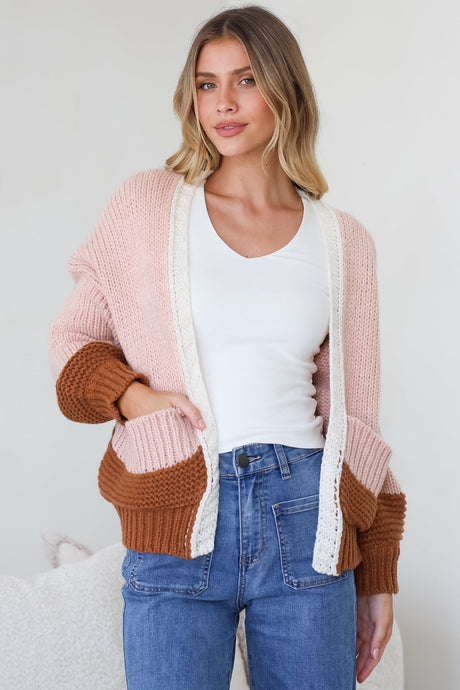 Rosie Cardigan - Cropped Colour Block Cardigan in Coco Blush