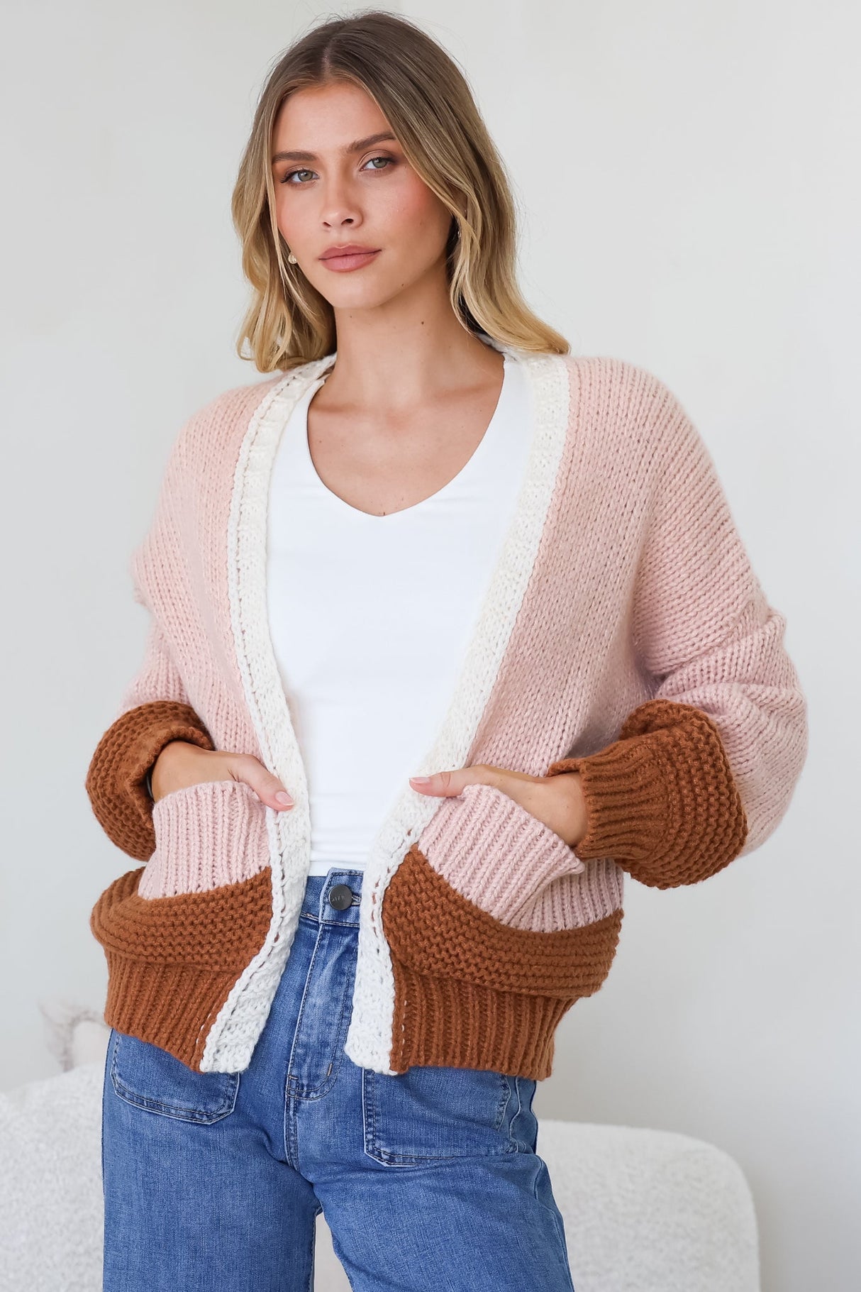 Rosie Cardigan - Cropped Colour Block Cardigan in Coco Blush