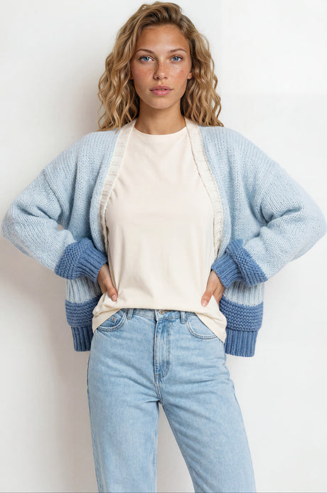 Model wearing Rosie Cardigan in  Baby Blue from Salty Crush
