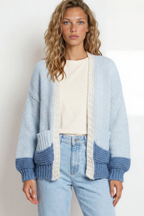Model wearing Rosie Cardigan in  Baby Blue from Salty Crush
