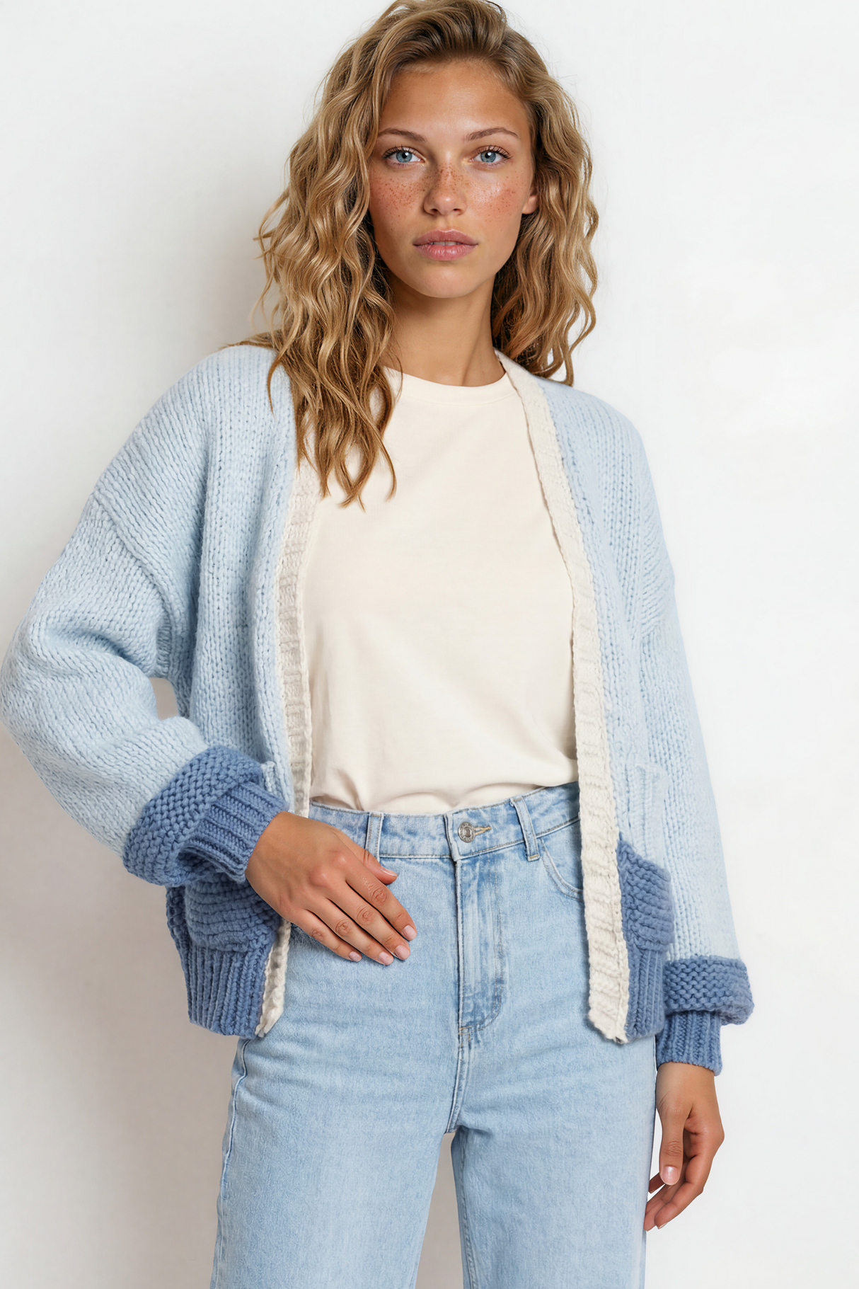 Model wearing Rosie Cardigan in  Baby Blue from Salty Crush