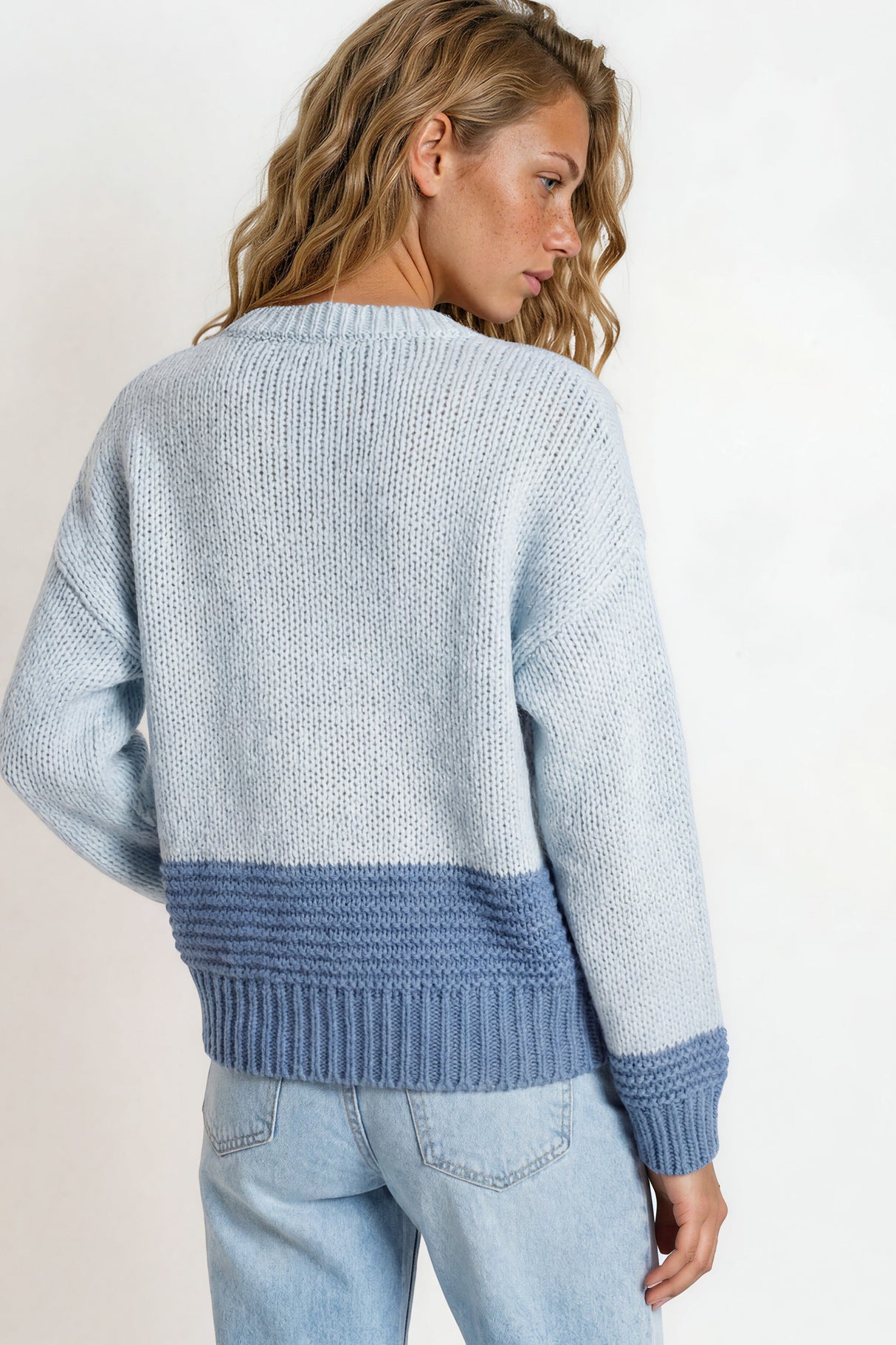 Model wearing Rosie Cardigan in  Baby Blue from Salty Crush