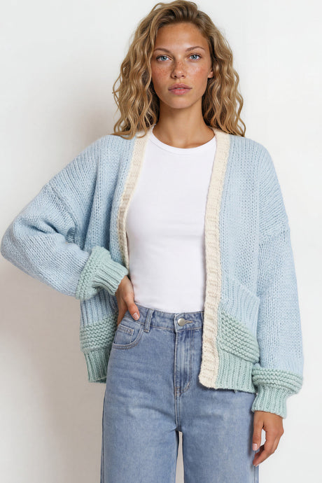 Model wearing Rosie Cardigan in  Blue/Green from Salty Crush