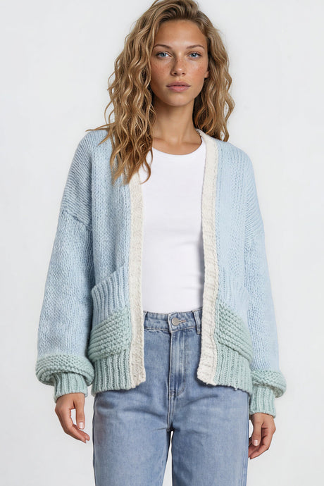 Model wearing Rosie Cardigan in  Blue/Green from Salty Crush