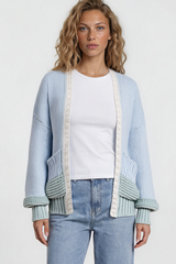 Model wearing Rosie Cardigan in  Blue/Green from Salty Crush