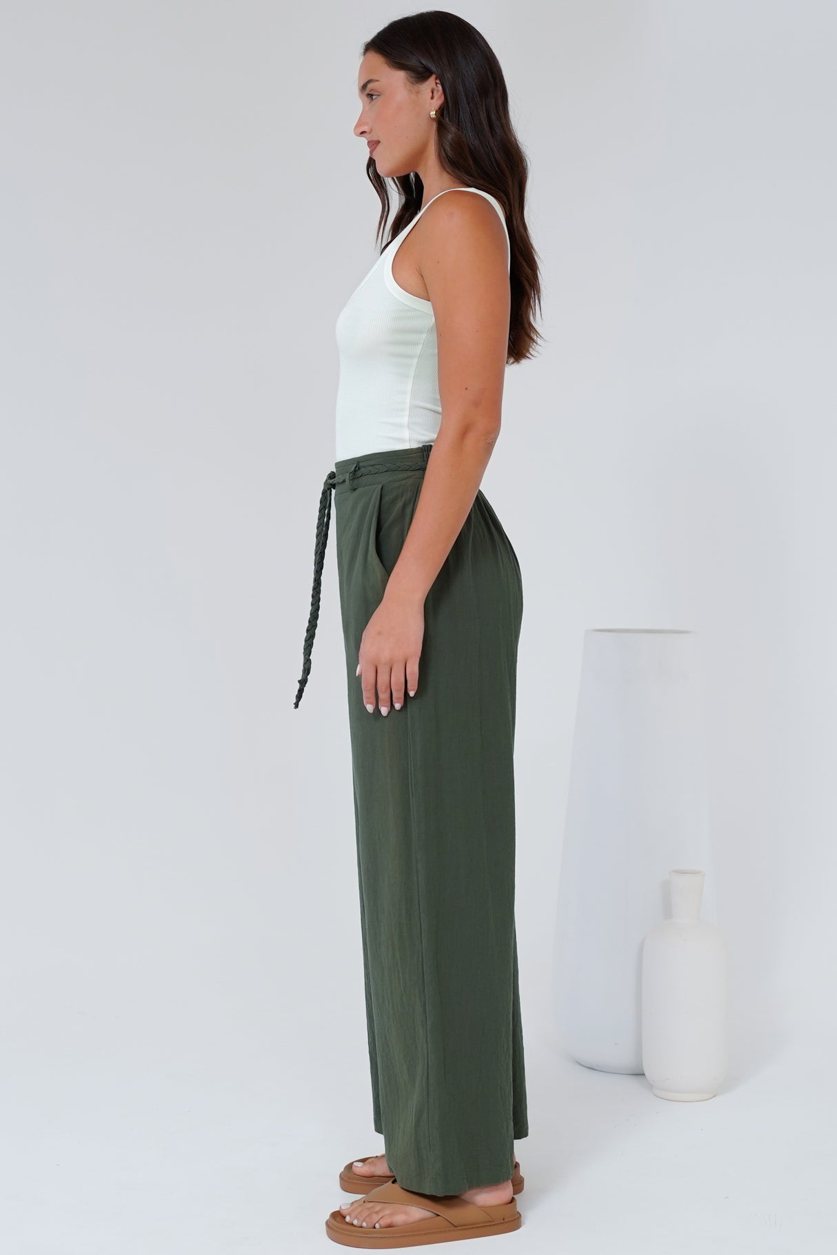Roswell Pants - Cotton Wide Leg Pant with Plaited Belt in Green