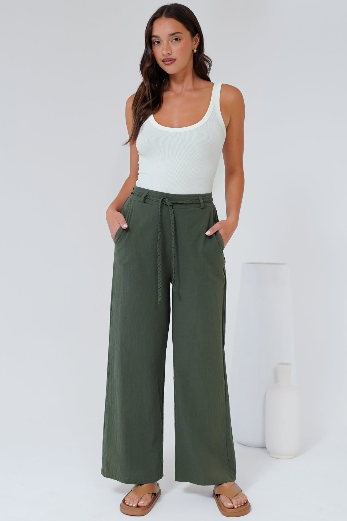 Roswell Pants - Cotton Wide Leg Pant with Plaited Belt in Green