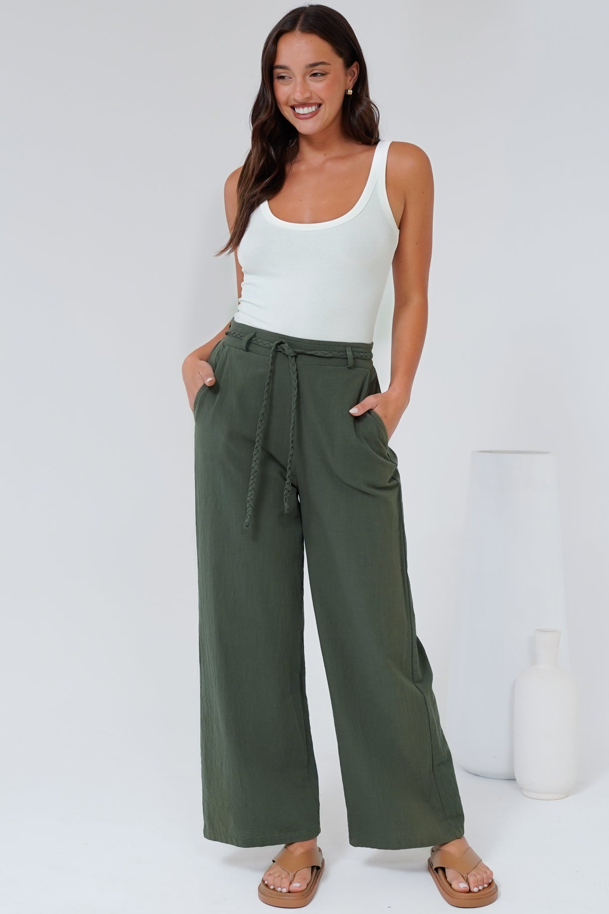 Roswell Pants - Cotton Wide Leg Pant with Plaited Belt in Green
