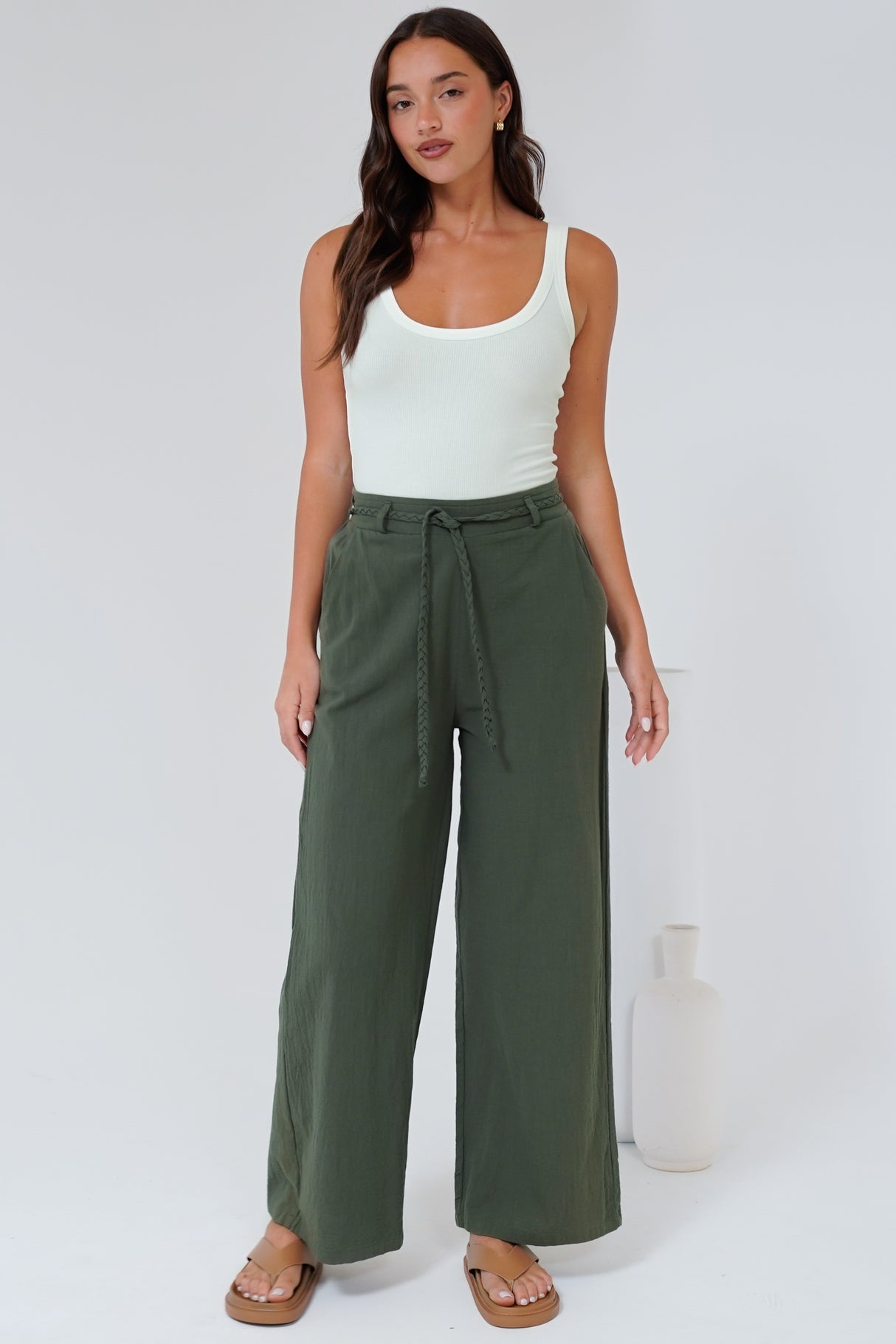 Roswell Pants - Cotton Wide Leg Pant with Plaited Belt in Green