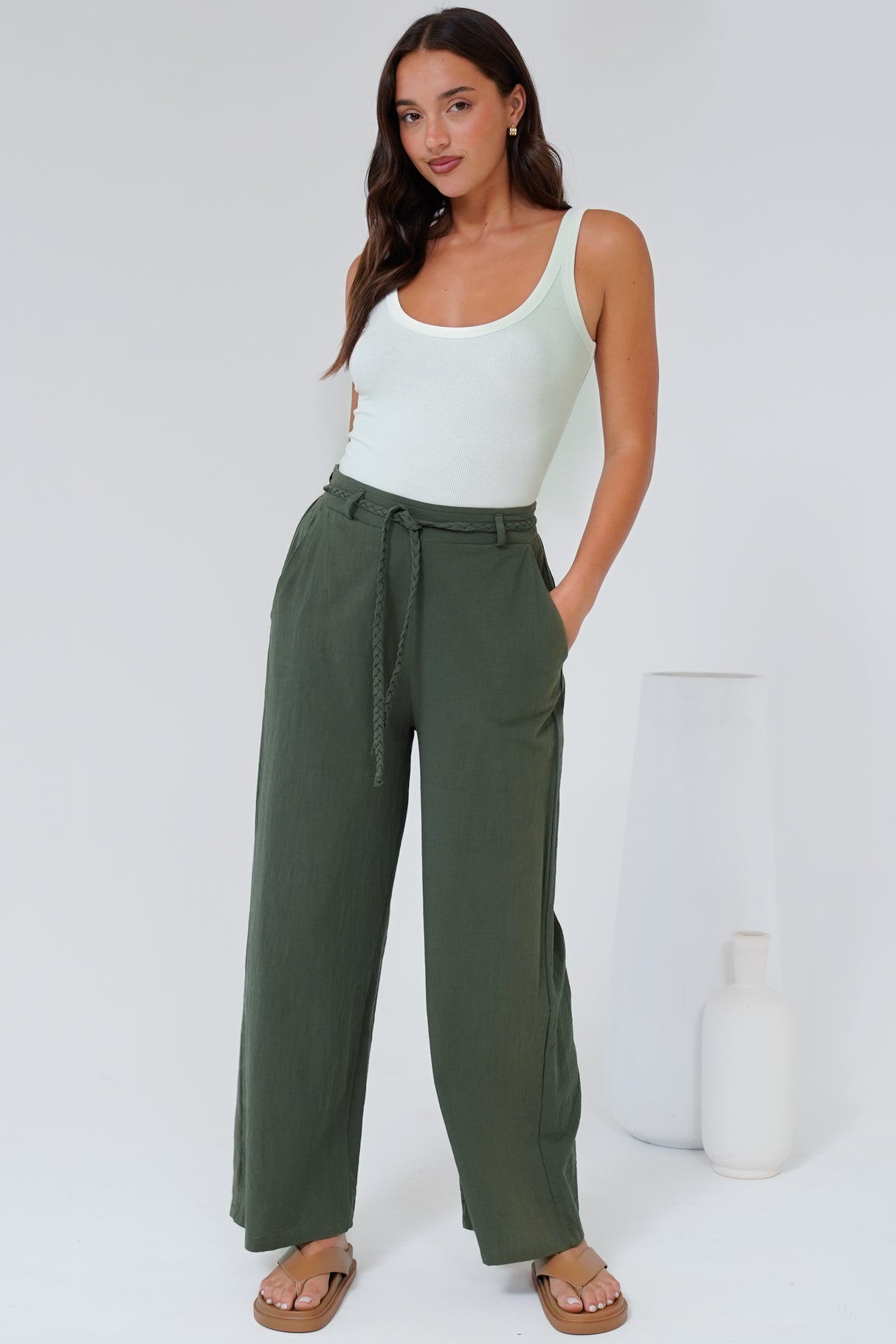 Roswell Pants - Cotton Wide Leg Pant with Plaited Belt in Green