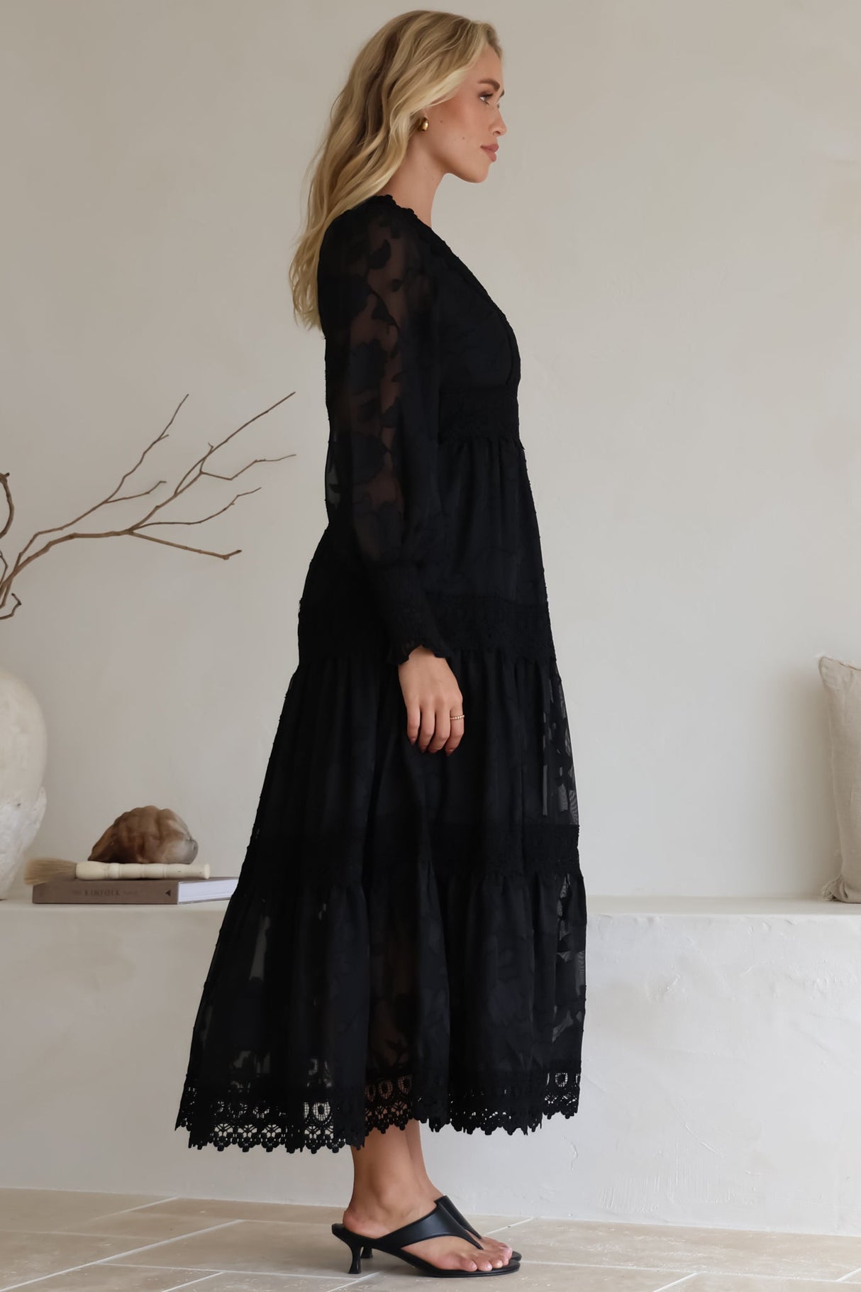 Rouge Maxi Dress - Lace Overlay Tiered Dress in Black