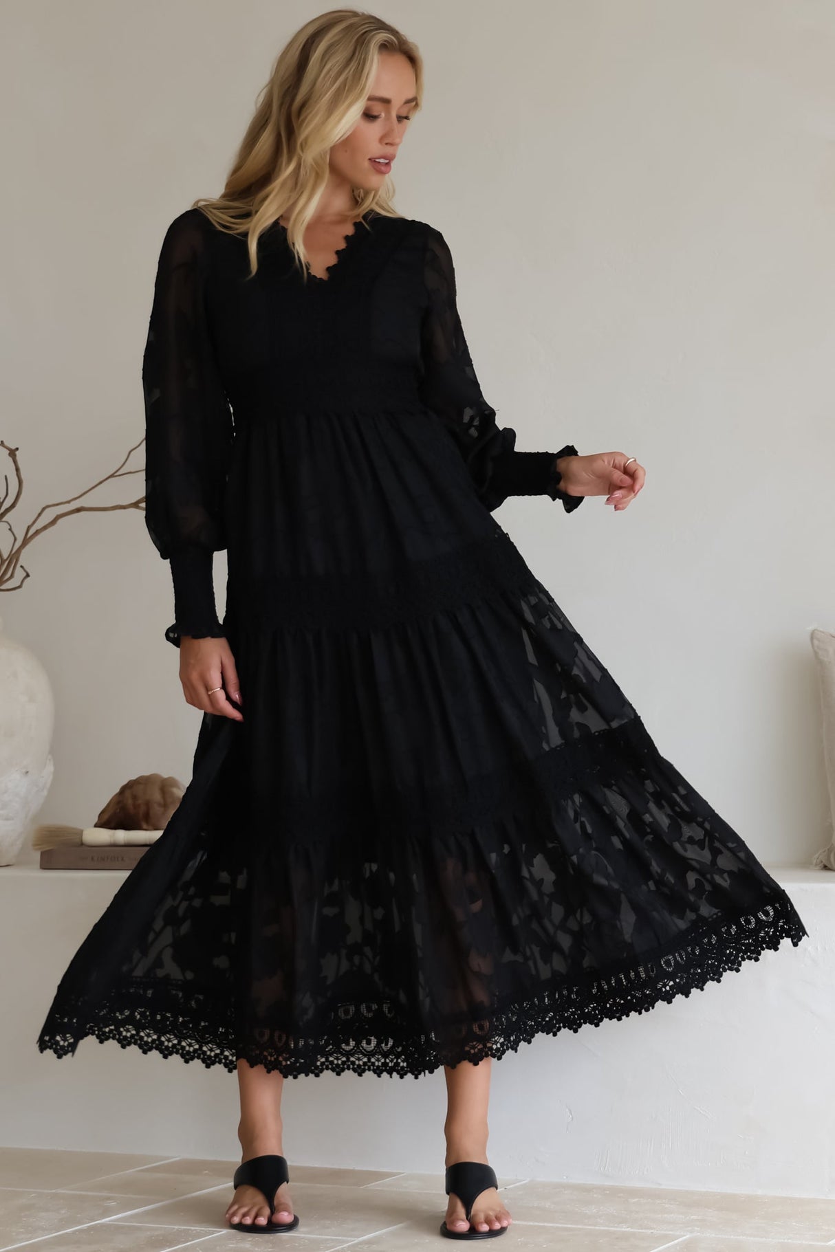 Rouge Maxi Dress - Lace Overlay Tiered Dress in Black