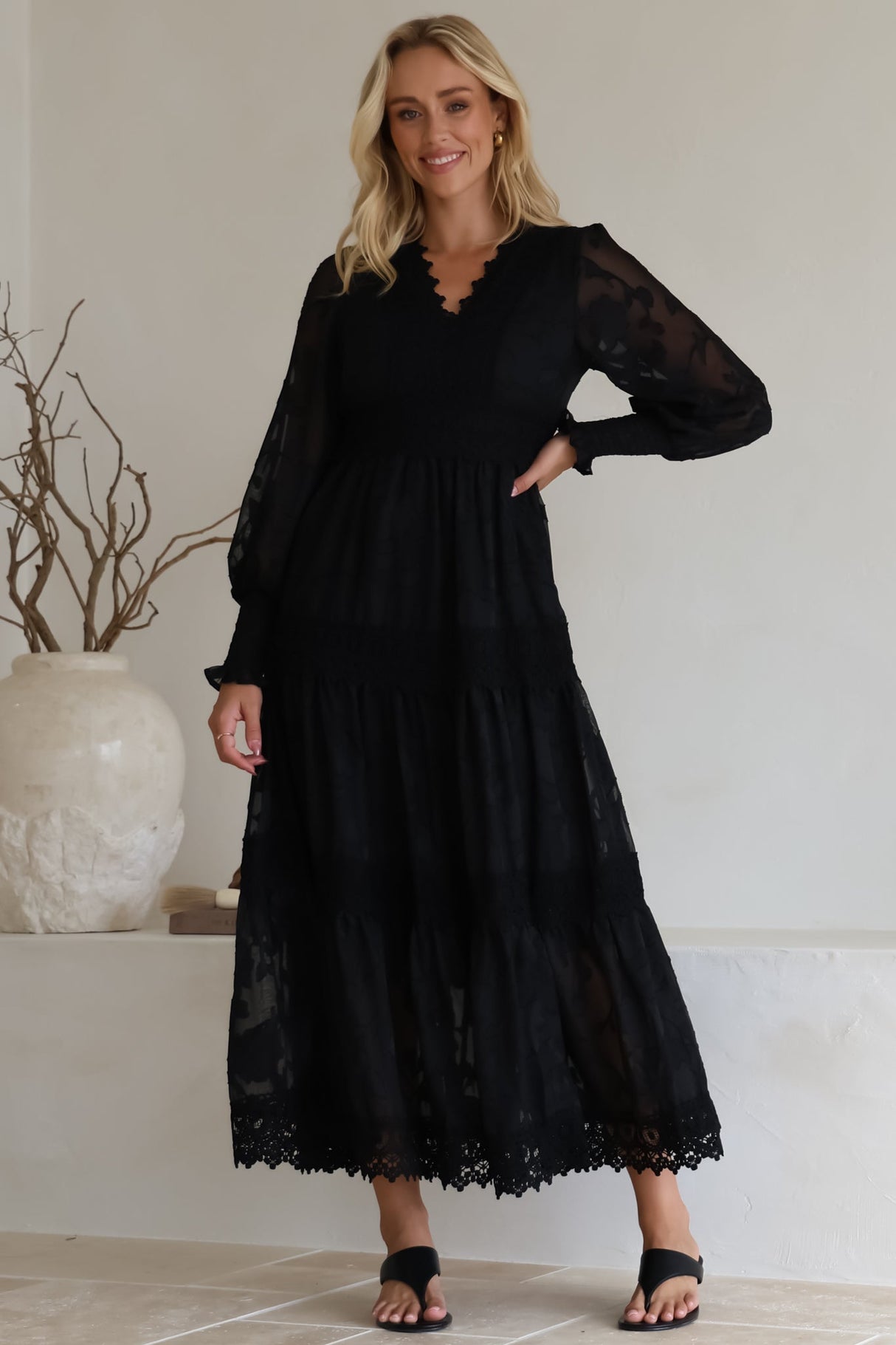 Rouge Maxi Dress - Lace Overlay Tiered Dress in Black