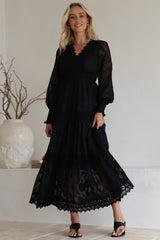 Rouge Maxi Dress - Lace Overlay Tiered Dress in Black