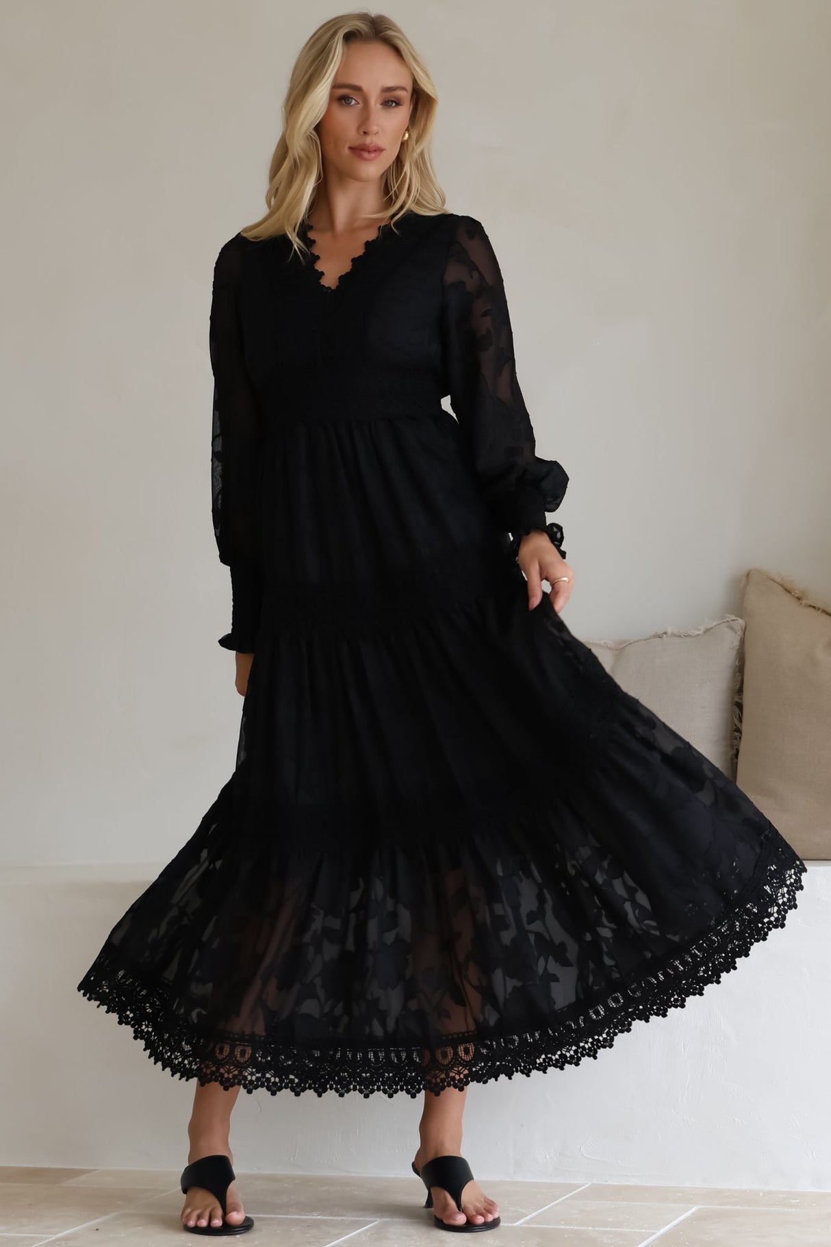 Rouge Maxi Dress - Lace Overlay Tiered Dress in Black