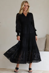 Rouge Maxi Dress - Lace Overlay Tiered Dress in Black