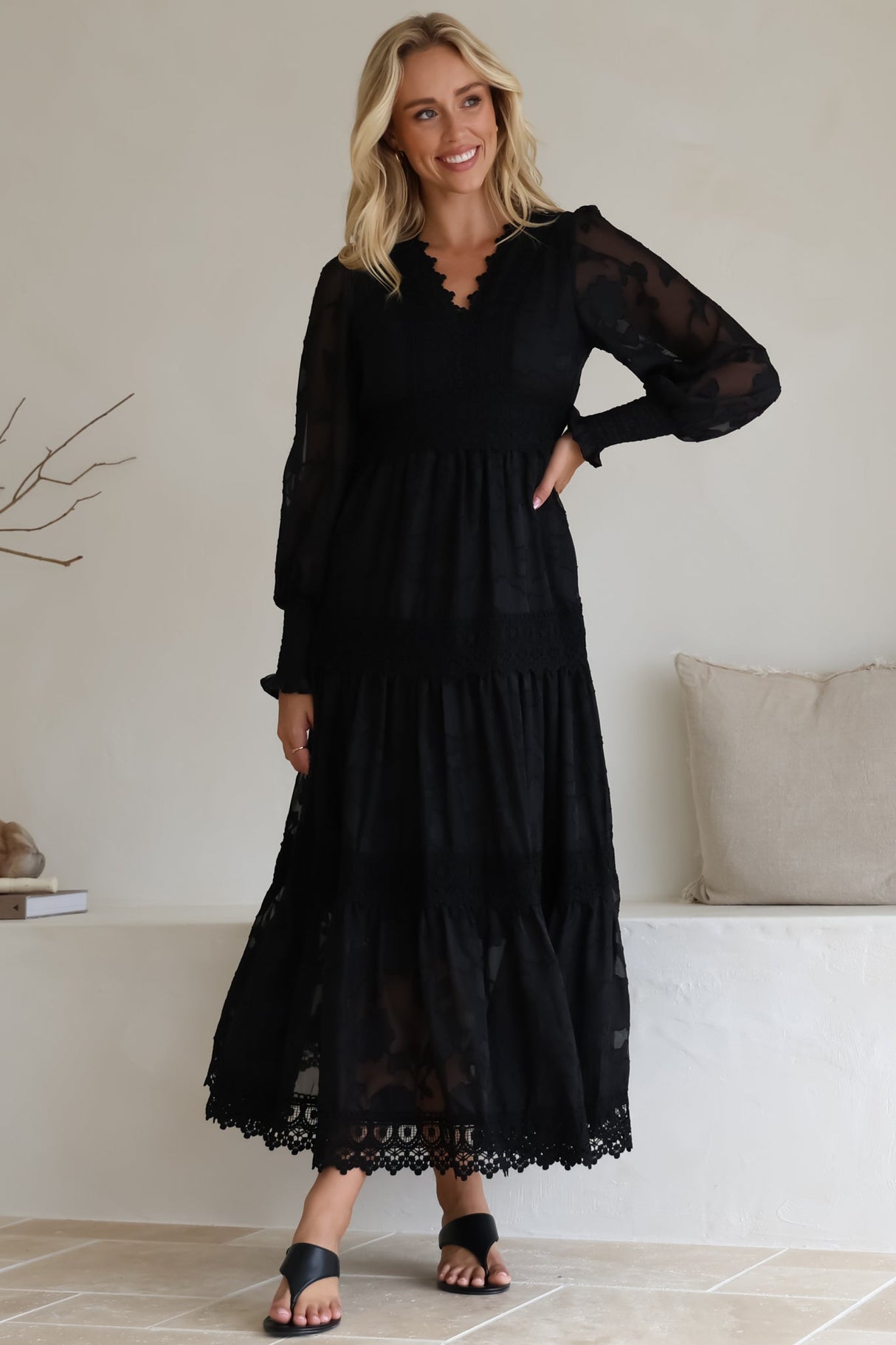 Rouge Maxi Dress - Lace Overlay Tiered Dress in Black