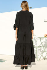 Roux Maxi Dress - Split Neckline Button Placket Tiered Kaftan Dress with Bell Sleeves in Black
