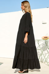 Roux Maxi Dress - Split Neckline Button Placket Tiered Kaftan Dress with Bell Sleeves in Black