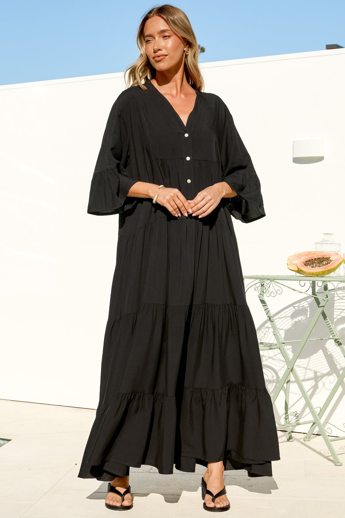 Roux Maxi Dress - Split Neckline Button Placket Tiered Kaftan Dress with Bell Sleeves in Black