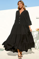 Roux Maxi Dress - Split Neckline Button Placket Tiered Kaftan Dress with Bell Sleeves in Black