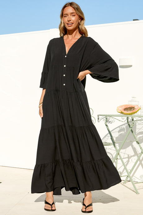 Roux Maxi Dress - Split Neckline Button Placket Tiered Kaftan Dress with Bell Sleeves in Black