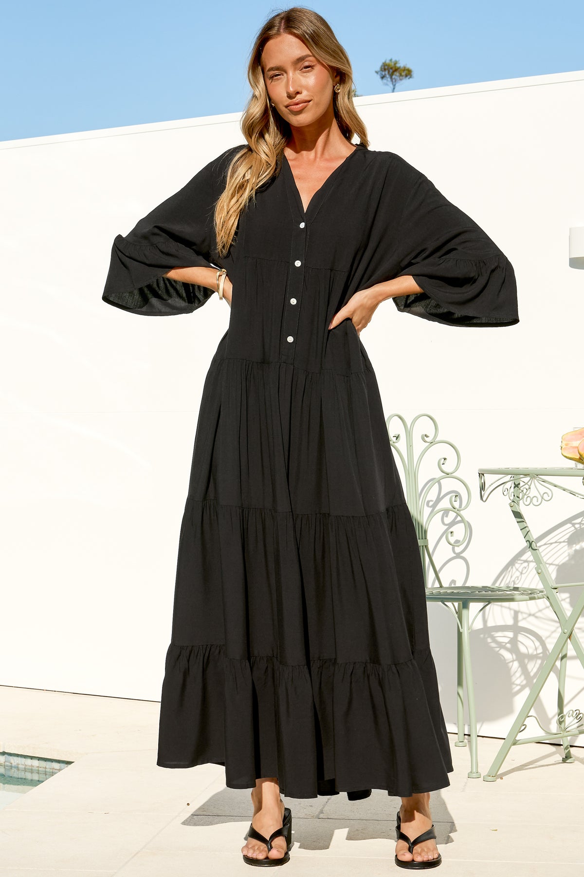 Roux Maxi Dress - Split Neckline Button Placket Tiered Kaftan Dress with Bell Sleeves in Black