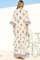 Roux Maxi Dress - Split Neckline Button Placket Tiered Kaftan Dress with Bell Sleeves in Linnea Print Blue