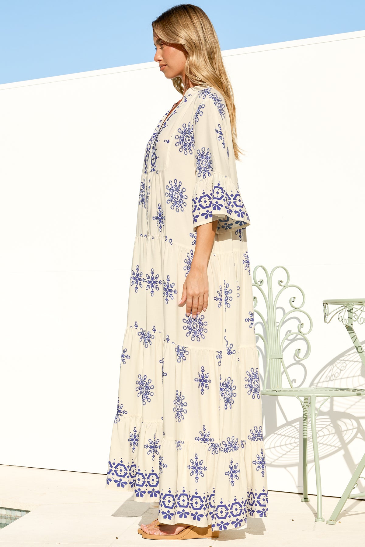 Roux Maxi Dress - Split Neckline Button Placket Tiered Kaftan Dress with Bell Sleeves in Linnea Print Blue