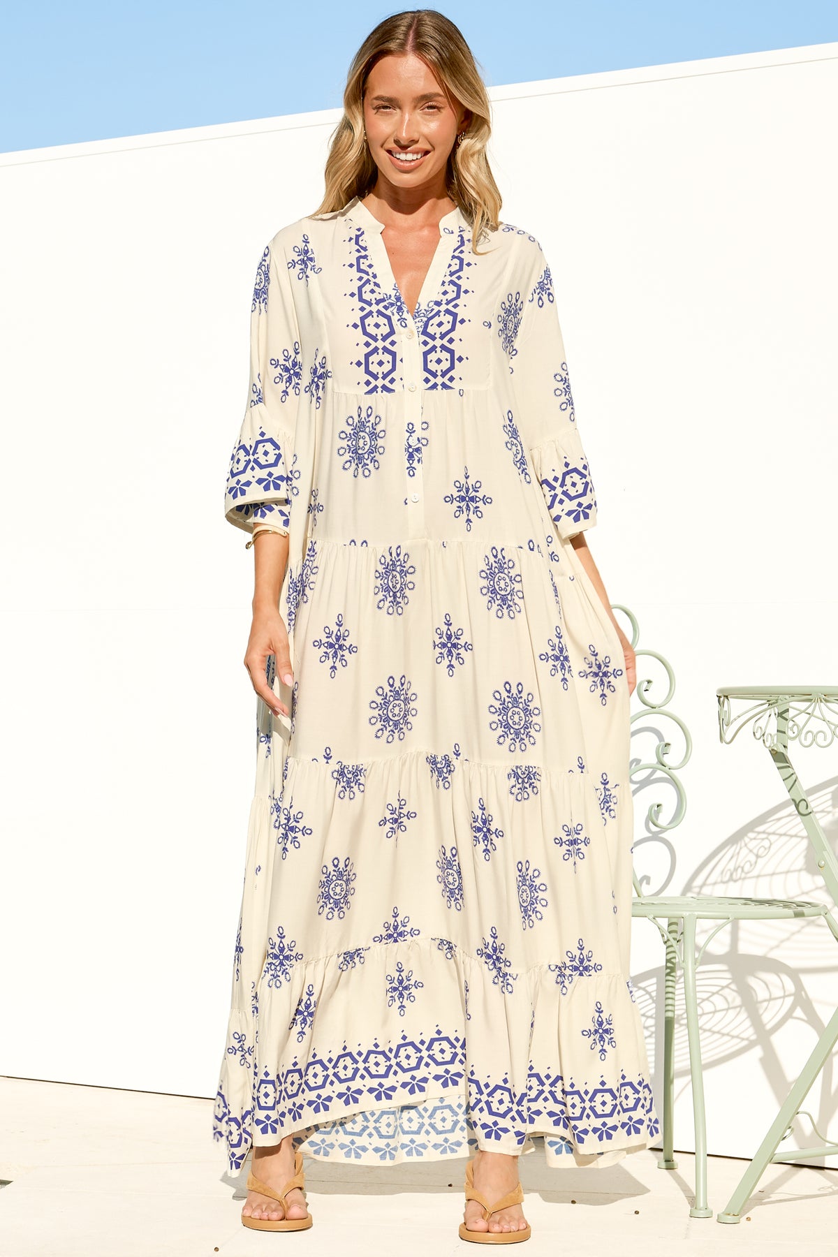 Roux Maxi Dress - Split Neckline Button Placket Tiered Kaftan Dress with Bell Sleeves in Linnea Print Blue