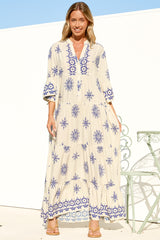 Roux Maxi Dress - Split Neckline Button Placket Tiered Kaftan Dress with Bell Sleeves in Linnea Print Blue