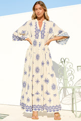 Roux Maxi Dress - Split Neckline Button Placket Tiered Kaftan Dress with Bell Sleeves in Linnea Print Blue