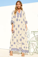 Roux Maxi Dress - Split Neckline Button Placket Tiered Kaftan Dress with Bell Sleeves in Linnea Print Blue