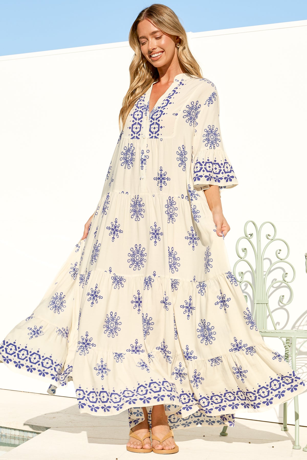 Roux Maxi Dress - Split Neckline Button Placket Tiered Kaftan Dress with Bell Sleeves in Linnea Print Blue