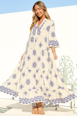 Roux Maxi Dress - Split Neckline Button Placket Tiered Kaftan Dress with Bell Sleeves in Linnea Print Blue